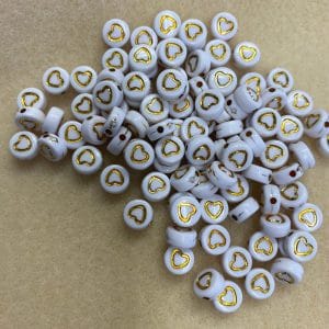 White Acrylic Beads with Gold Heart